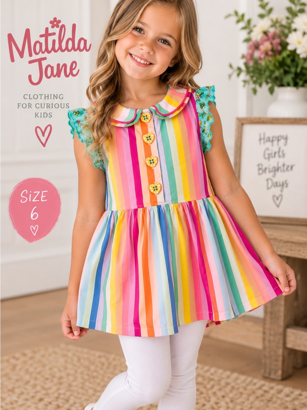 Matilda Jane Girls Rainbow Stripe Tunic Top Size 6 Ruffle Heart Buttons